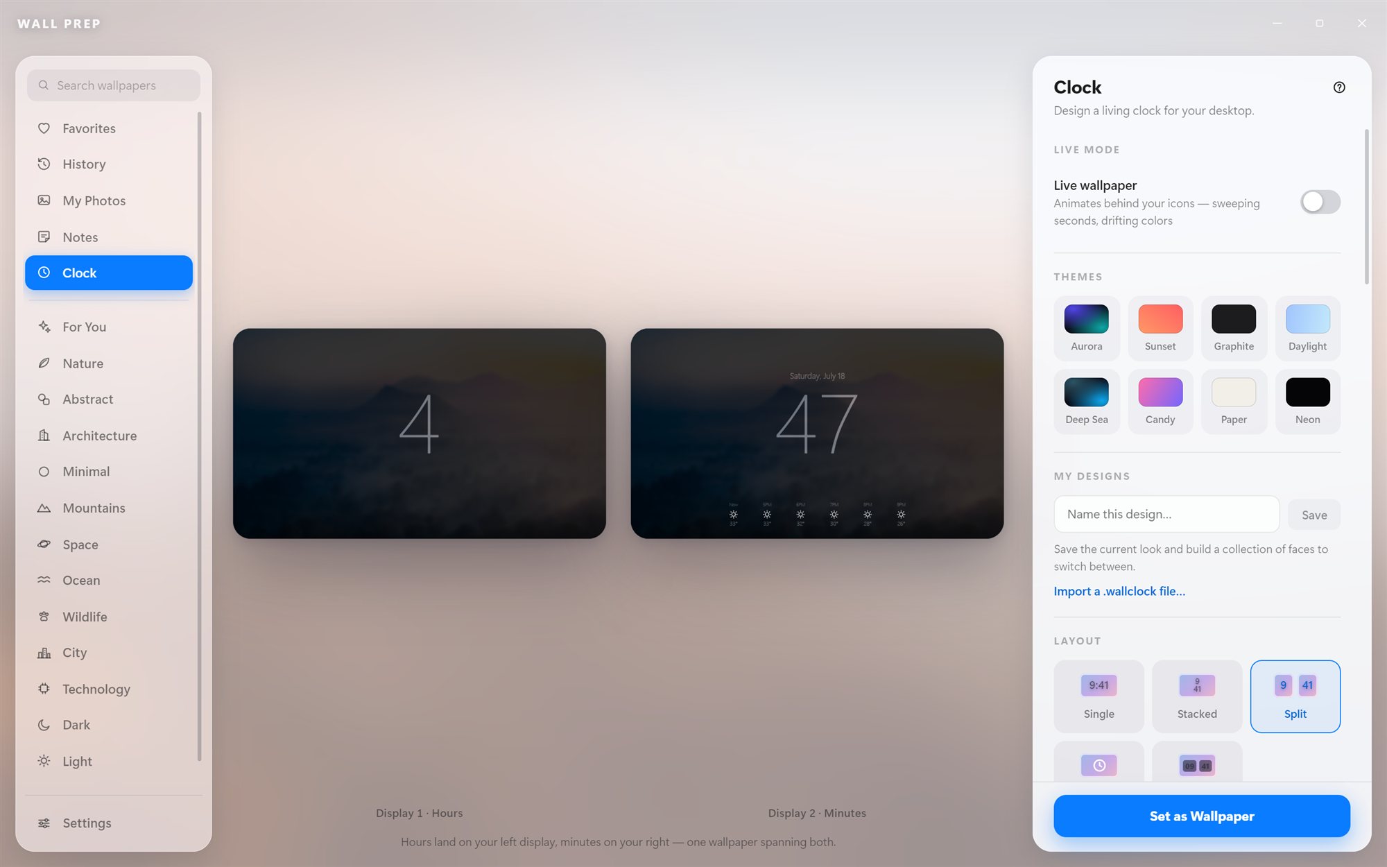 The clock studio: a designable desktop clock with themes and layouts, spanning two displays